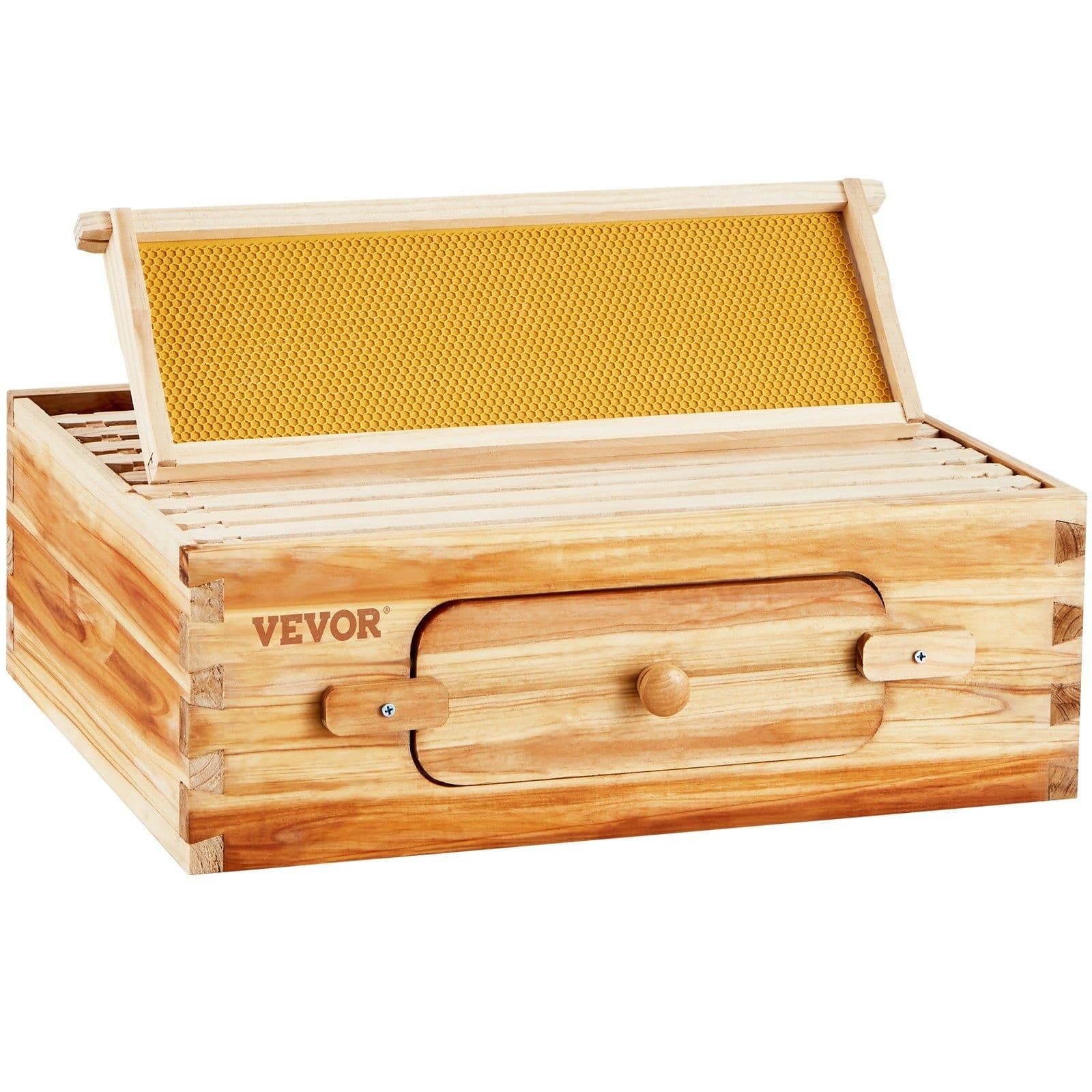 image-VEVOR Bee Hive Medium Box Starter Kit, 100% Beeswax Coated Natural Cedar Wood, Langstroth Beehive Kit with 10 Frames and Foundations, Transparent Acrylic Bee Windows for Beginners and Pro Beekeepers