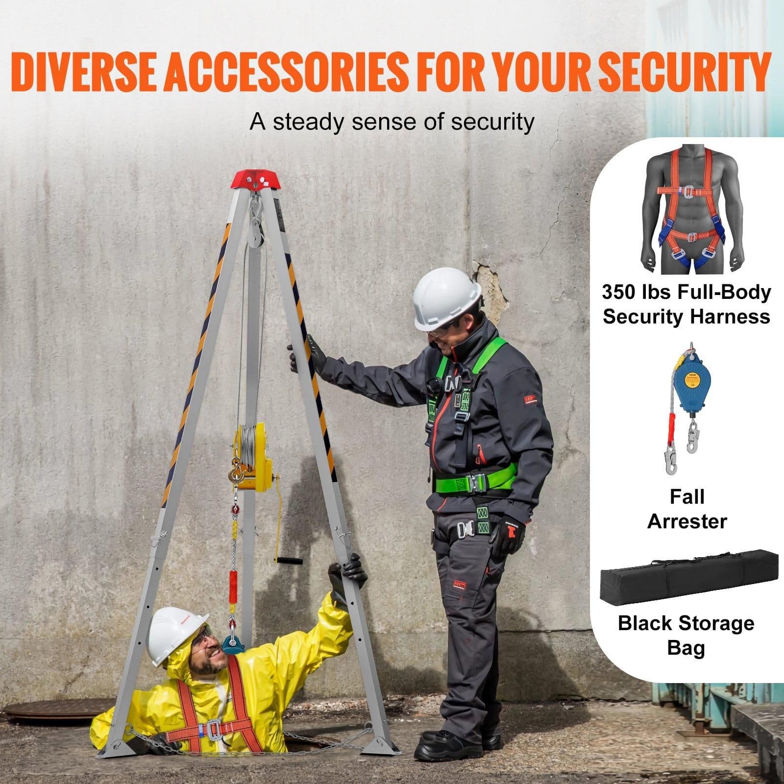 image-VEVOR Confined Space Rescue Tripod Kit - 8' Legs, 2600 lbs Winch