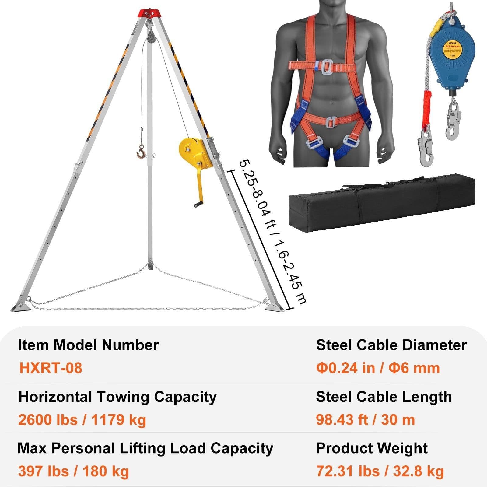 image-VEVOR Confined Space Rescue Tripod Kit - 8' Legs, 2600 lbs Winch