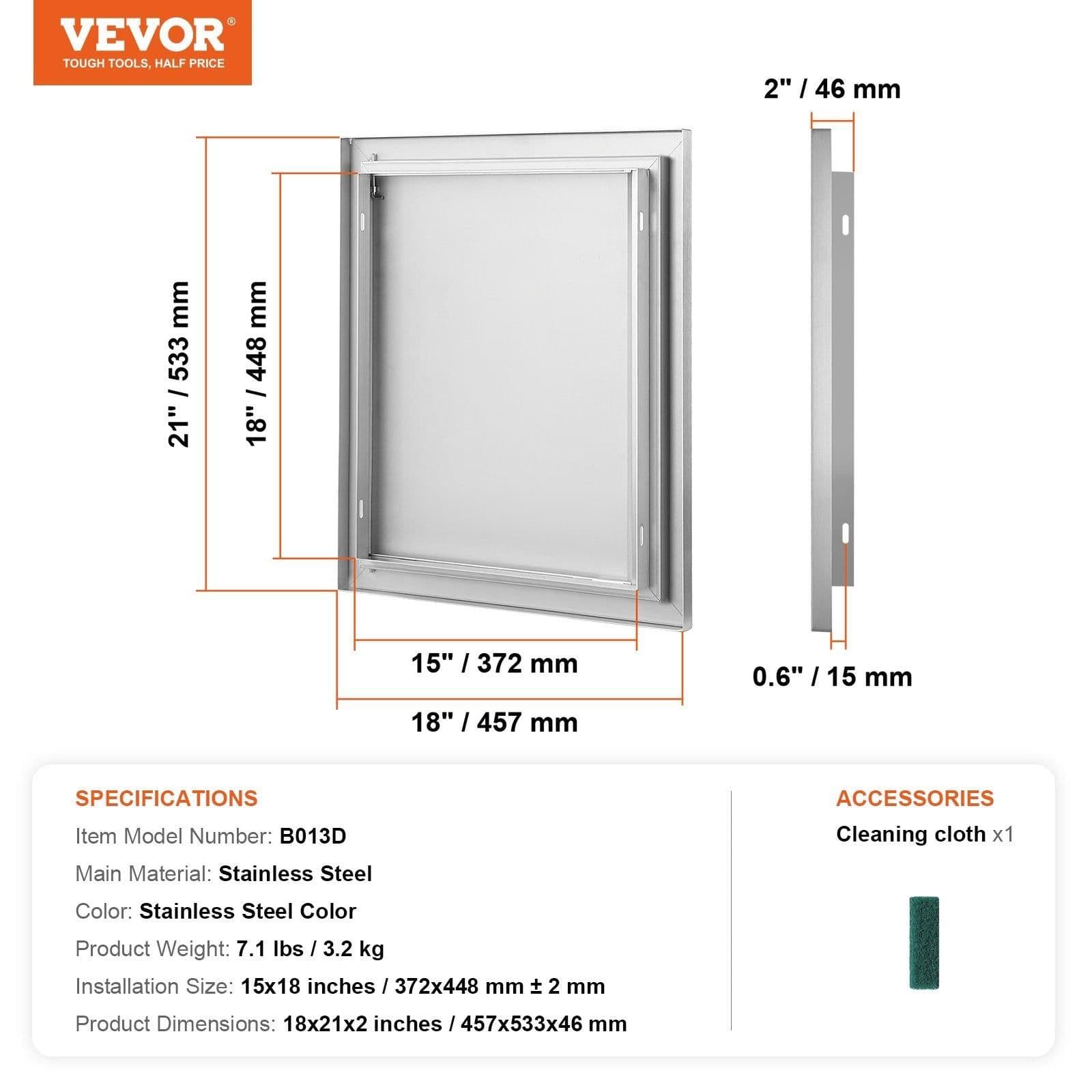image-VEVOR BBQ Access Door, 18W x 21H Inch Single Outdoor Kitchen Door, Stainless Steel Flush Mount Door, Wall Vertical Door with Recessed Handle, for BBQ Island, Grilling Station, Outside Cabinet