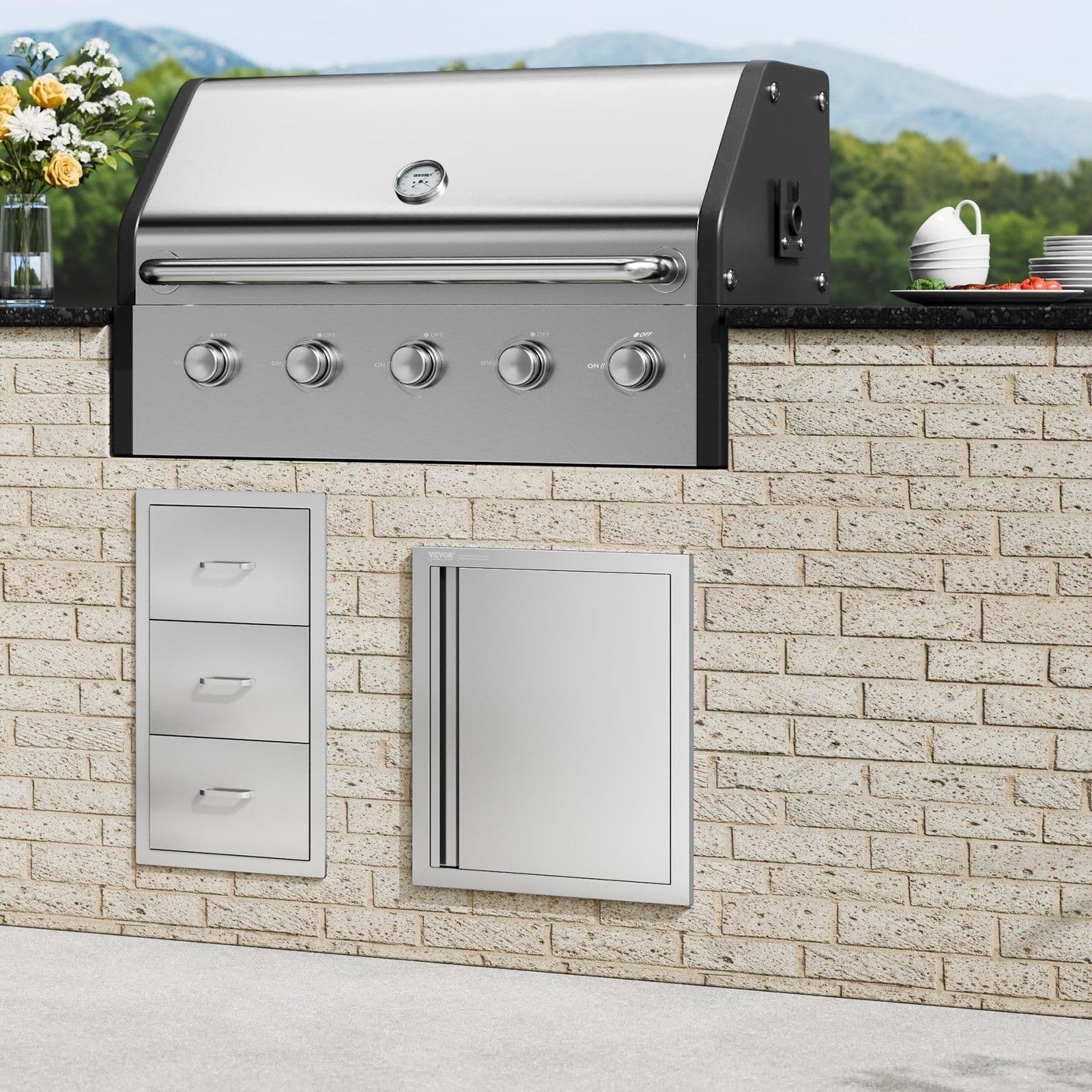 image-VEVOR BBQ Access Door, 18W x 21H Inch Single Outdoor Kitchen Door, Stainless Steel Flush Mount Door, Wall Vertical Door with Recessed Handle, for BBQ Island, Grilling Station, Outside Cabinet