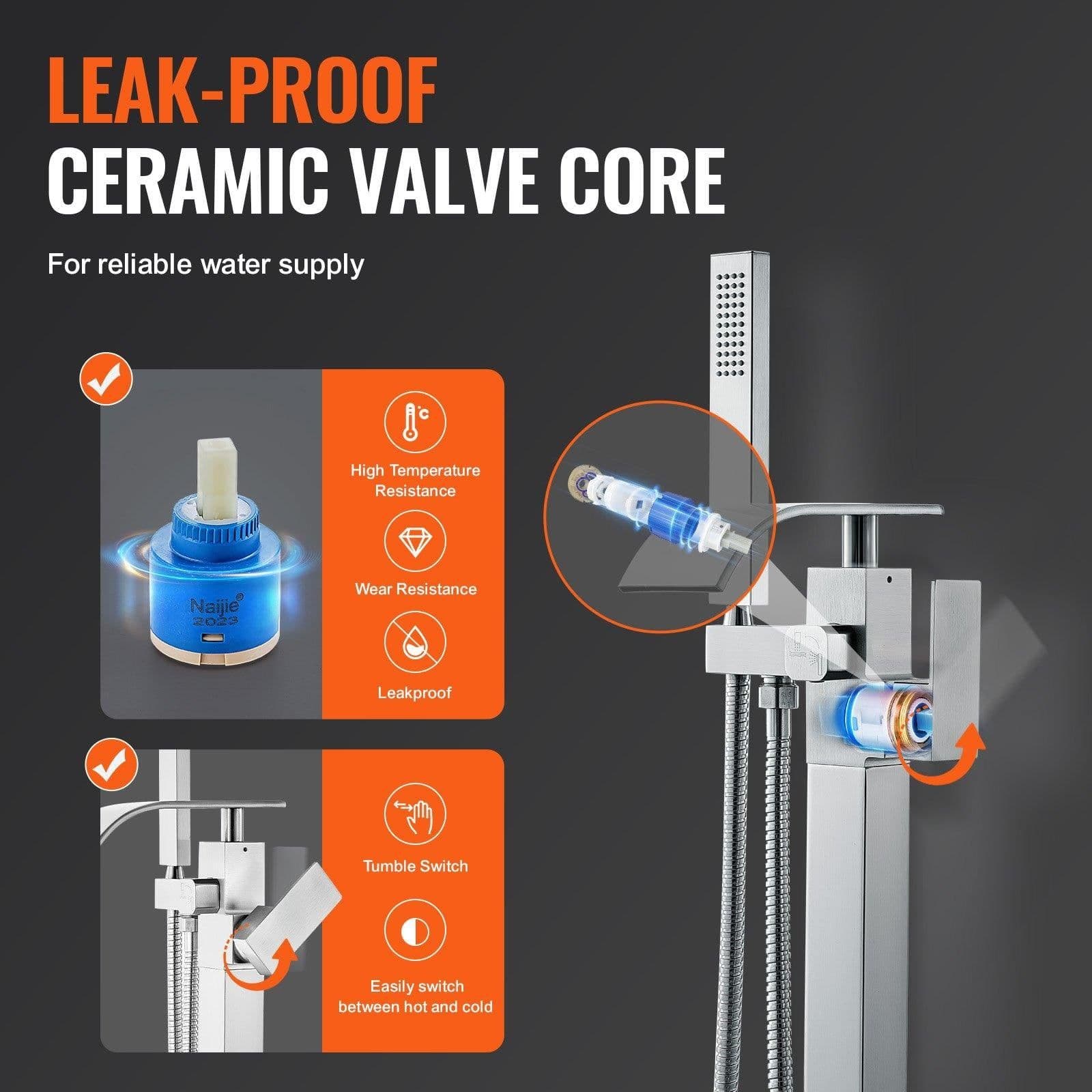 image-VEVOR Freestanding Bathtub Faucet, Floor Mount, Freestanding Tub Filler, Shower Mixer Taps, Two Water Modes, 360° Swivel Spout, for Bathing & Showering Pet Bathing Cleaning Drains Toilet Flushing