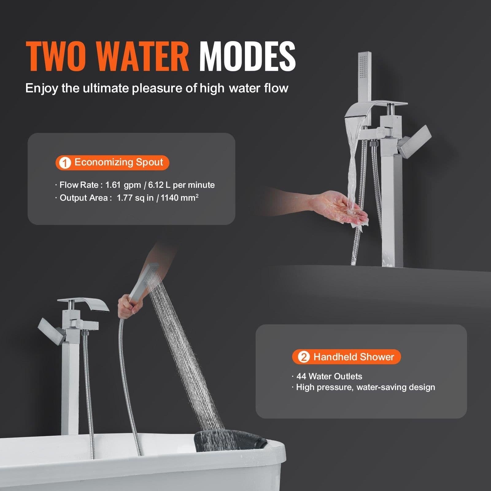 image-VEVOR Freestanding Bathtub Faucet, Floor Mount, Freestanding Tub Filler, Shower Mixer Taps, Two Water Modes, 360° Swivel Spout, for Bathing & Showering Pet Bathing Cleaning Drains Toilet Flushing