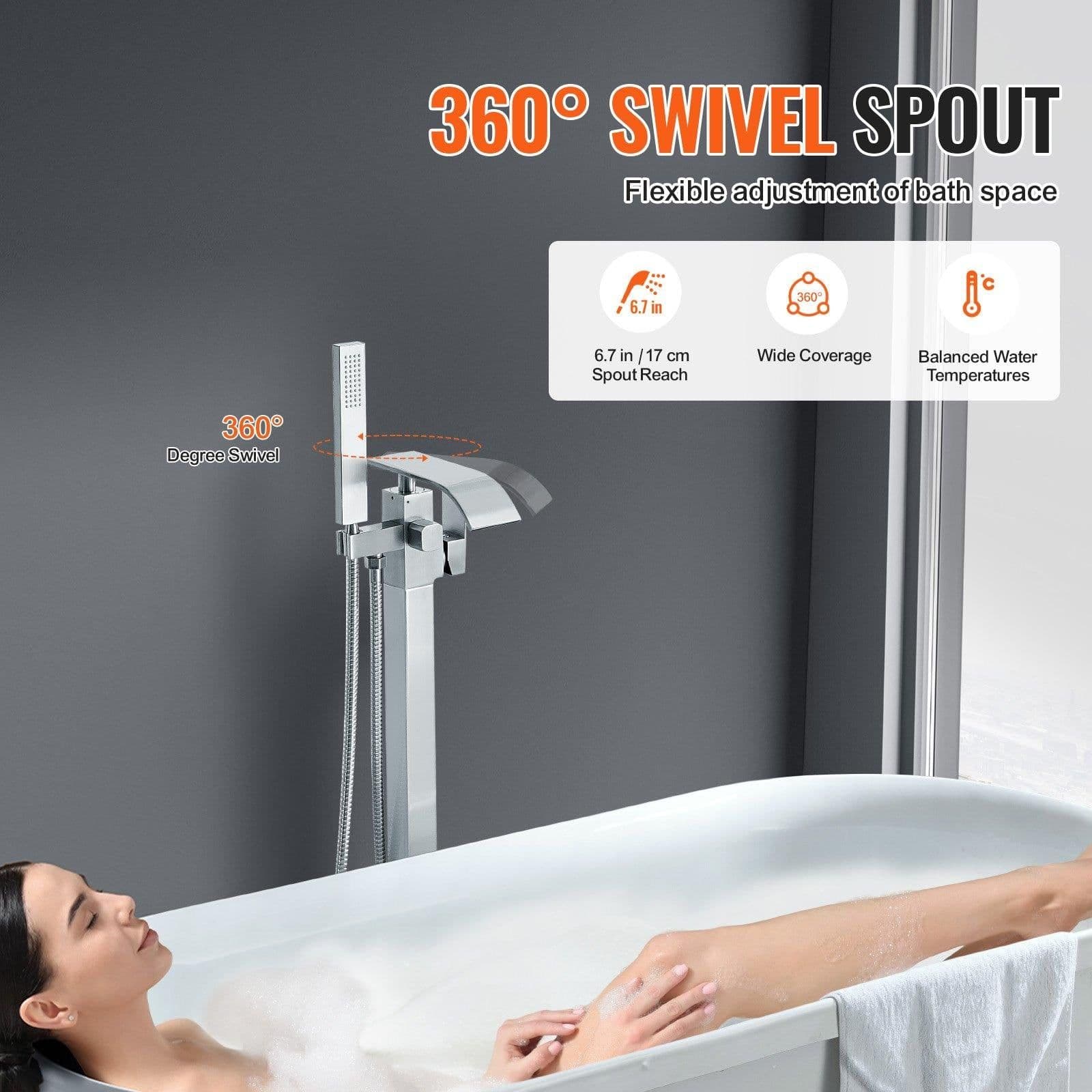 image-VEVOR Freestanding Bathtub Faucet, Floor Mount, Freestanding Tub Filler, Shower Mixer Taps, Two Water Modes, 360° Swivel Spout, for Bathing & Showering Pet Bathing Cleaning Drains Toilet Flushing