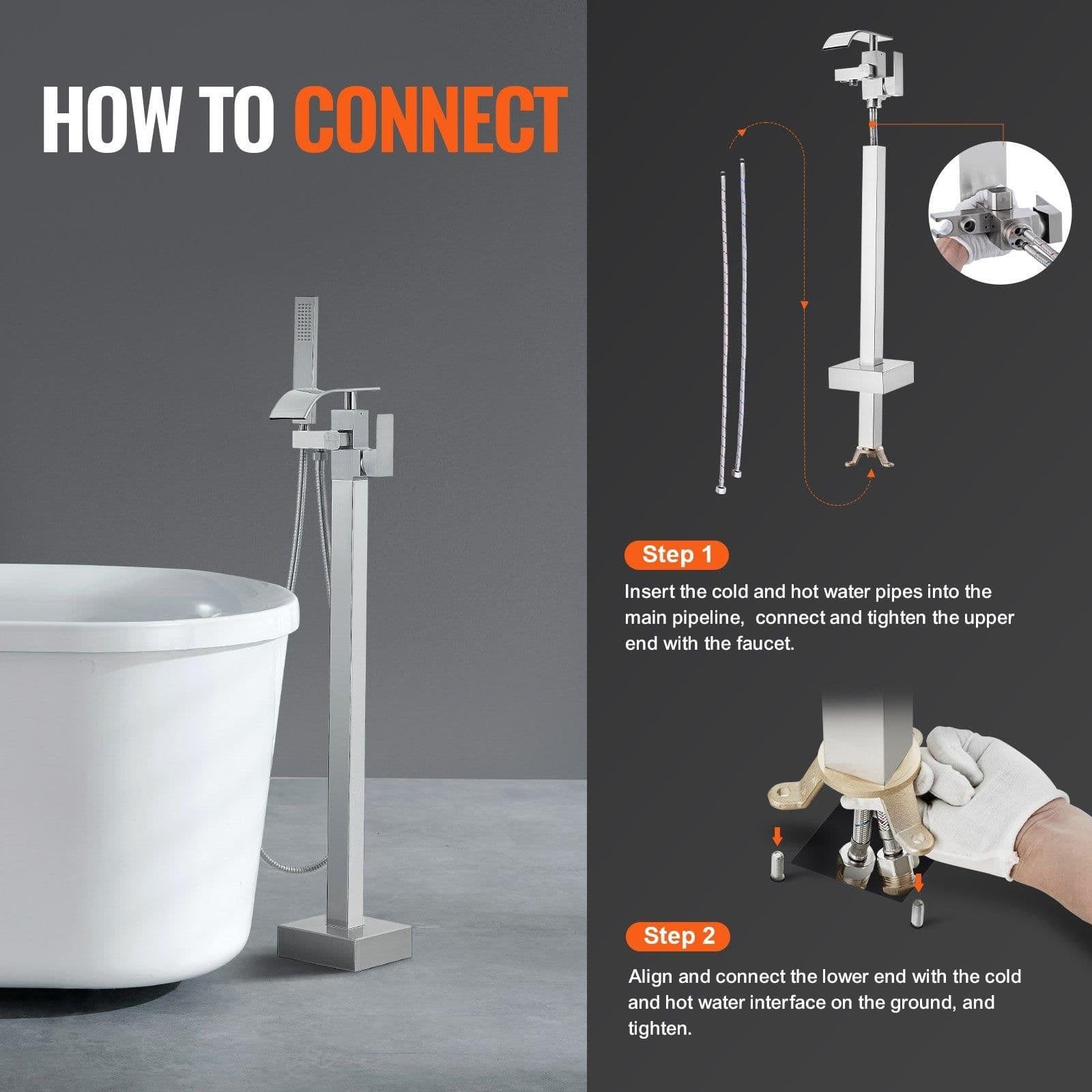 image-VEVOR Freestanding Bathtub Faucet, Floor Mount, Freestanding Tub Filler, Shower Mixer Taps, Two Water Modes, 360° Swivel Spout, for Bathing & Showering Pet Bathing Cleaning Drains Toilet Flushing