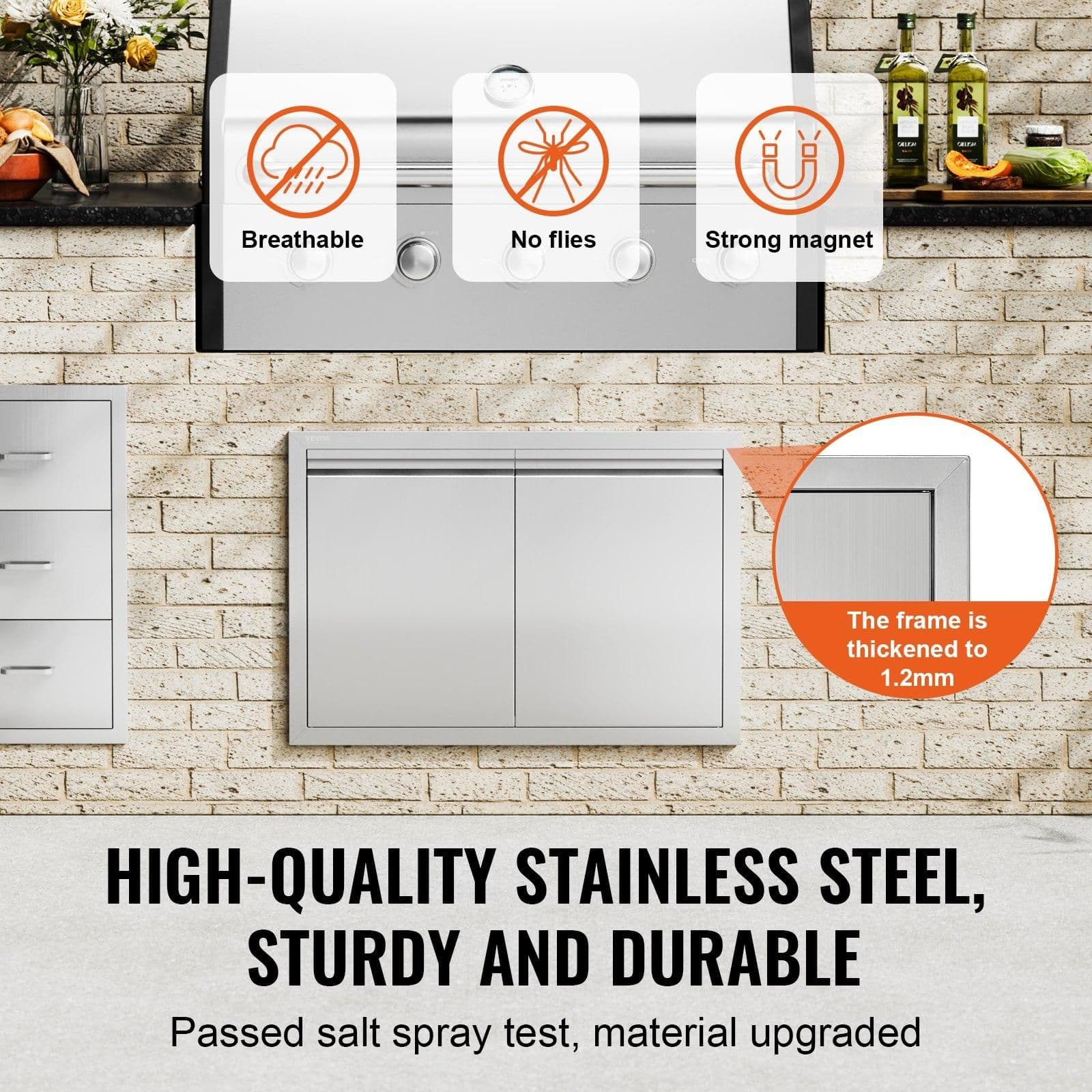 image-VEVOR BBQ Access Door, 30W x 21H Inch Double Outdoor Kitchen Door, Stainless Steel Flush Mount Door, Wall Vertical Door with Recessed Handles , for BBQ Island, Grilling Station, Outside Cabinet