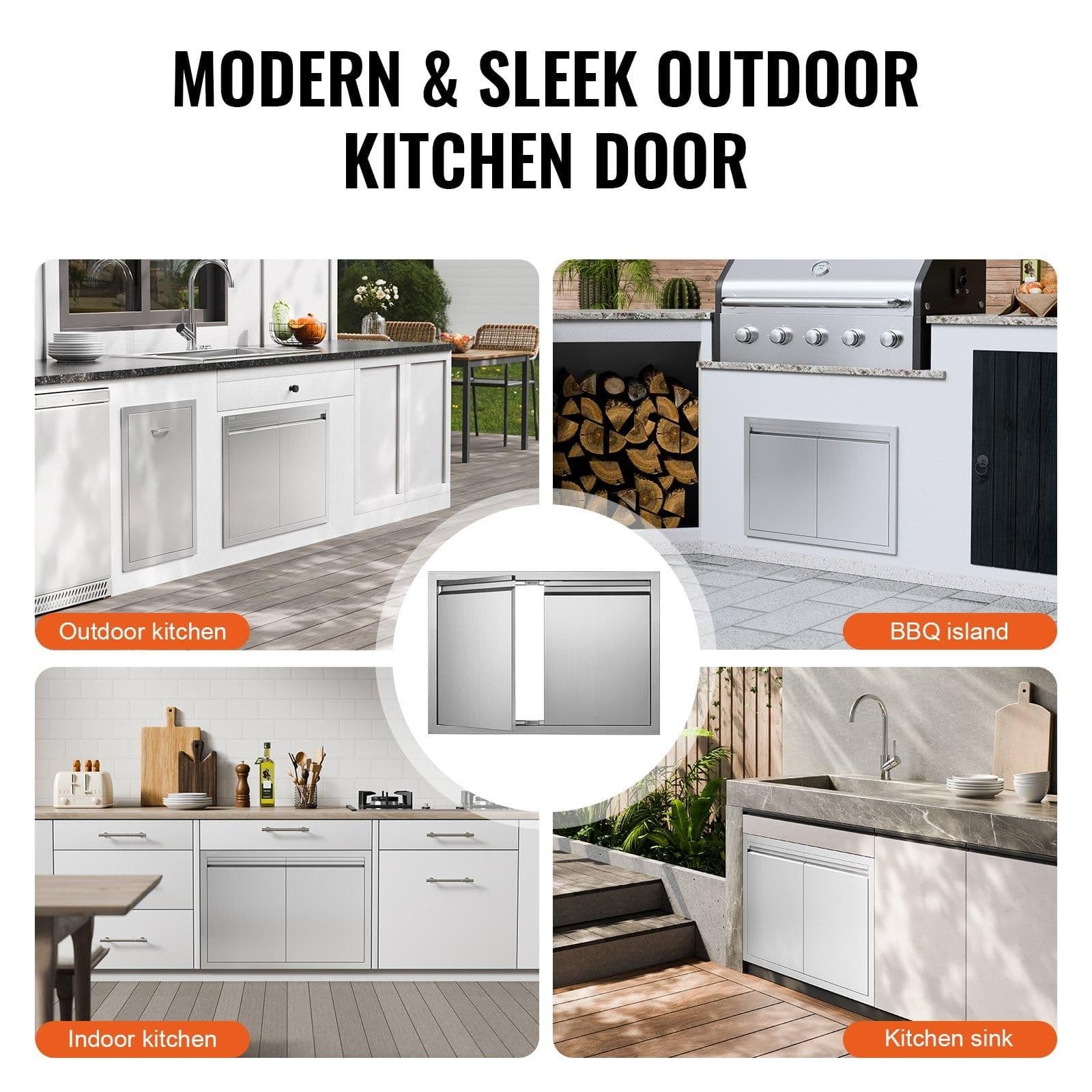 image-VEVOR BBQ Access Door, 30W x 21H Inch Double Outdoor Kitchen Door, Stainless Steel Flush Mount Door, Wall Vertical Door with Recessed Handles , for BBQ Island, Grilling Station, Outside Cabinet