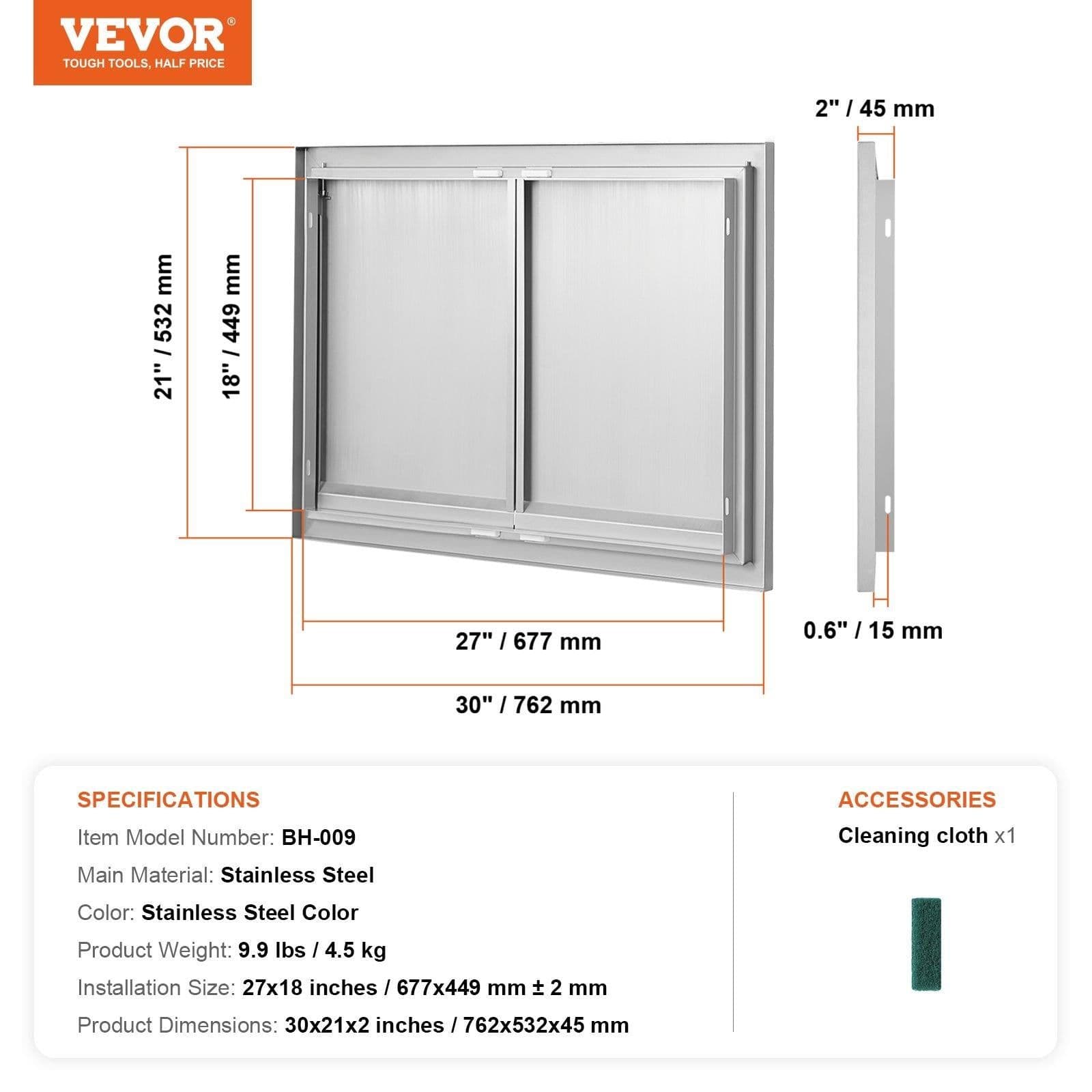 image-VEVOR BBQ Access Door, 30W x 21H Inch Double Outdoor Kitchen Door, Stainless Steel Flush Mount Door, Wall Vertical Door with Recessed Handles , for BBQ Island, Grilling Station, Outside Cabinet