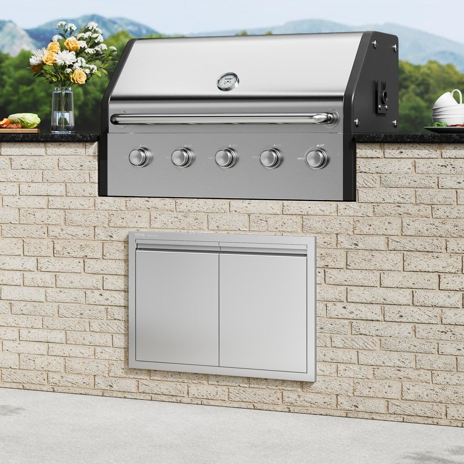 image-VEVOR BBQ Access Door, 30W x 21H Inch Double Outdoor Kitchen Door, Stainless Steel Flush Mount Door, Wall Vertical Door with Recessed Handles , for BBQ Island, Grilling Station, Outside Cabinet