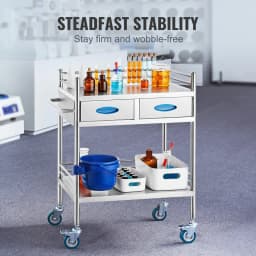 image-VEVOR Lab Serving Cart, 2 Layers Stainless Steel Utility Rolling Cart, Medical Cart with Two Drawers, Dental Utility Cart with Lockable Wheels and A Bucket, for Laboratory, Hospital, Dental Use