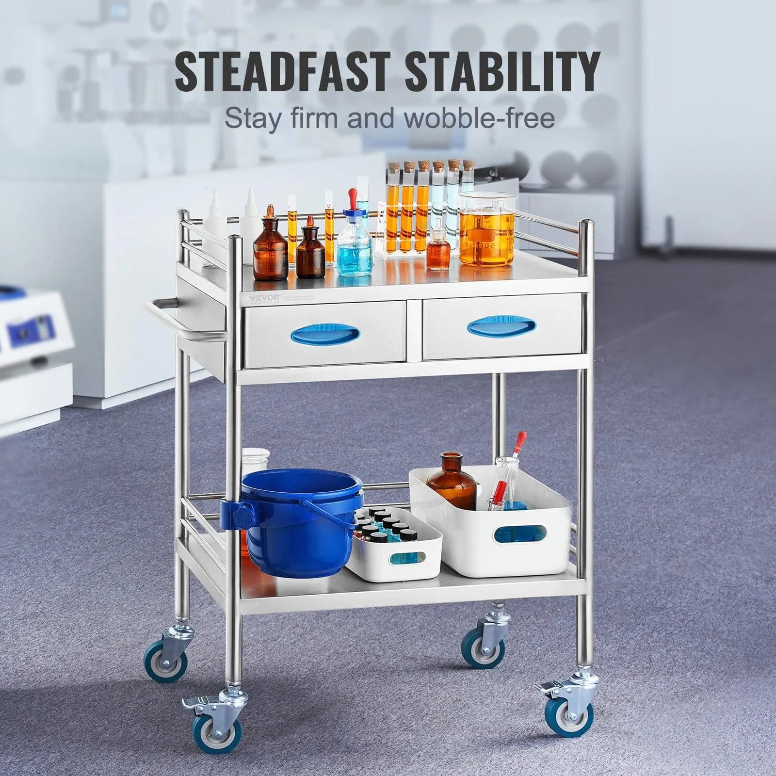 image-VEVOR Lab Serving Cart, 2 Layers Stainless Steel Utility Rolling Cart, Medical Cart with Two Drawers, Dental Utility Cart with Lockable Wheels and A Bucket, for Laboratory, Hospital, Dental Use