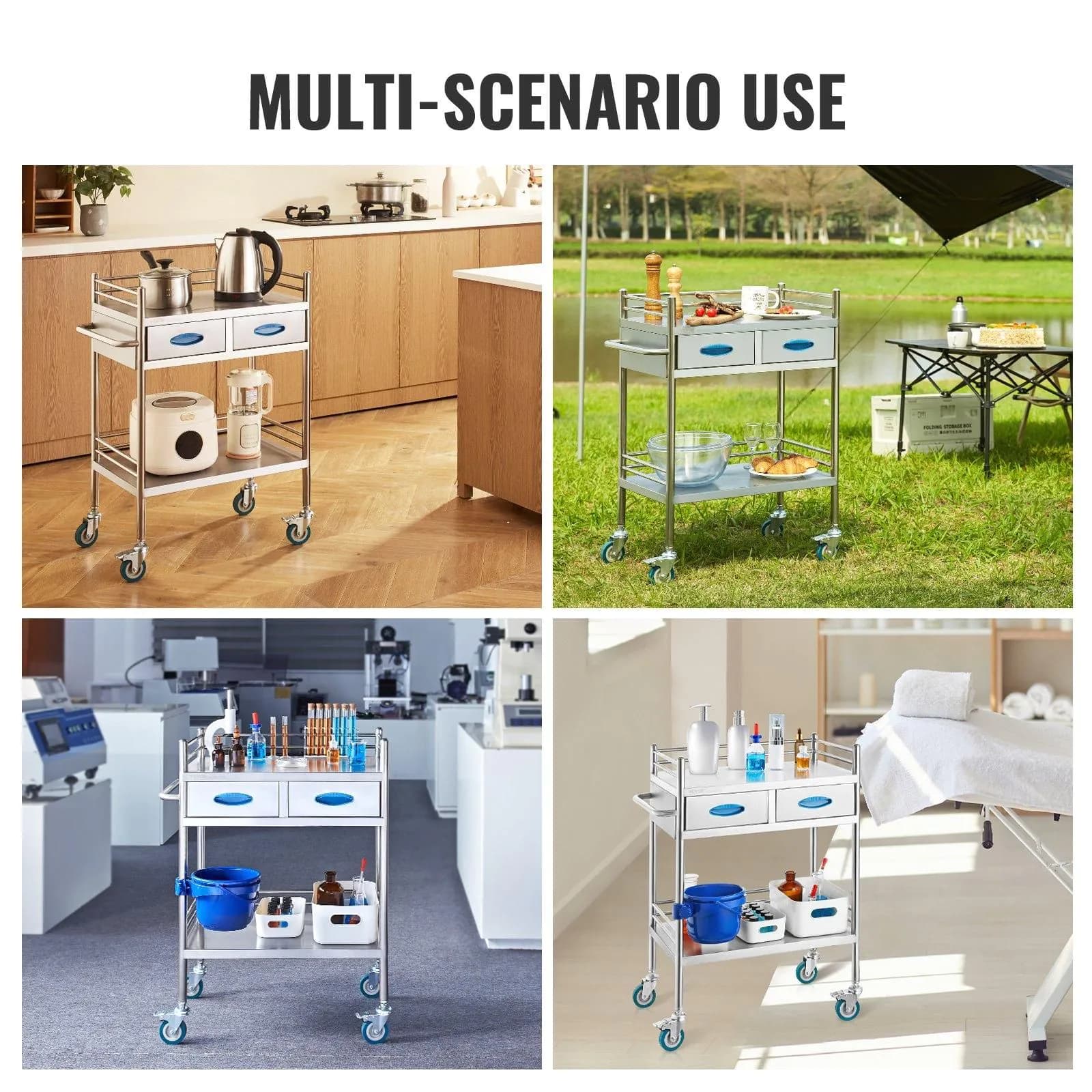 image-VEVOR Lab Serving Cart, 2 Layers Stainless Steel Utility Rolling Cart, Medical Cart with Two Drawers, Dental Utility Cart with Lockable Wheels and A Bucket, for Laboratory, Hospital, Dental Use