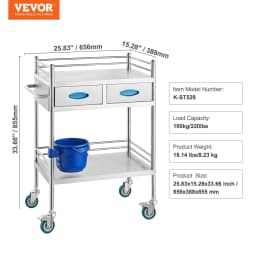 image-VEVOR Lab Serving Cart, 2 Layers Stainless Steel Utility Rolling Cart, Medical Cart with Two Drawers, Dental Utility Cart with Lockable Wheels and A Bucket, for Laboratory, Hospital, Dental Use