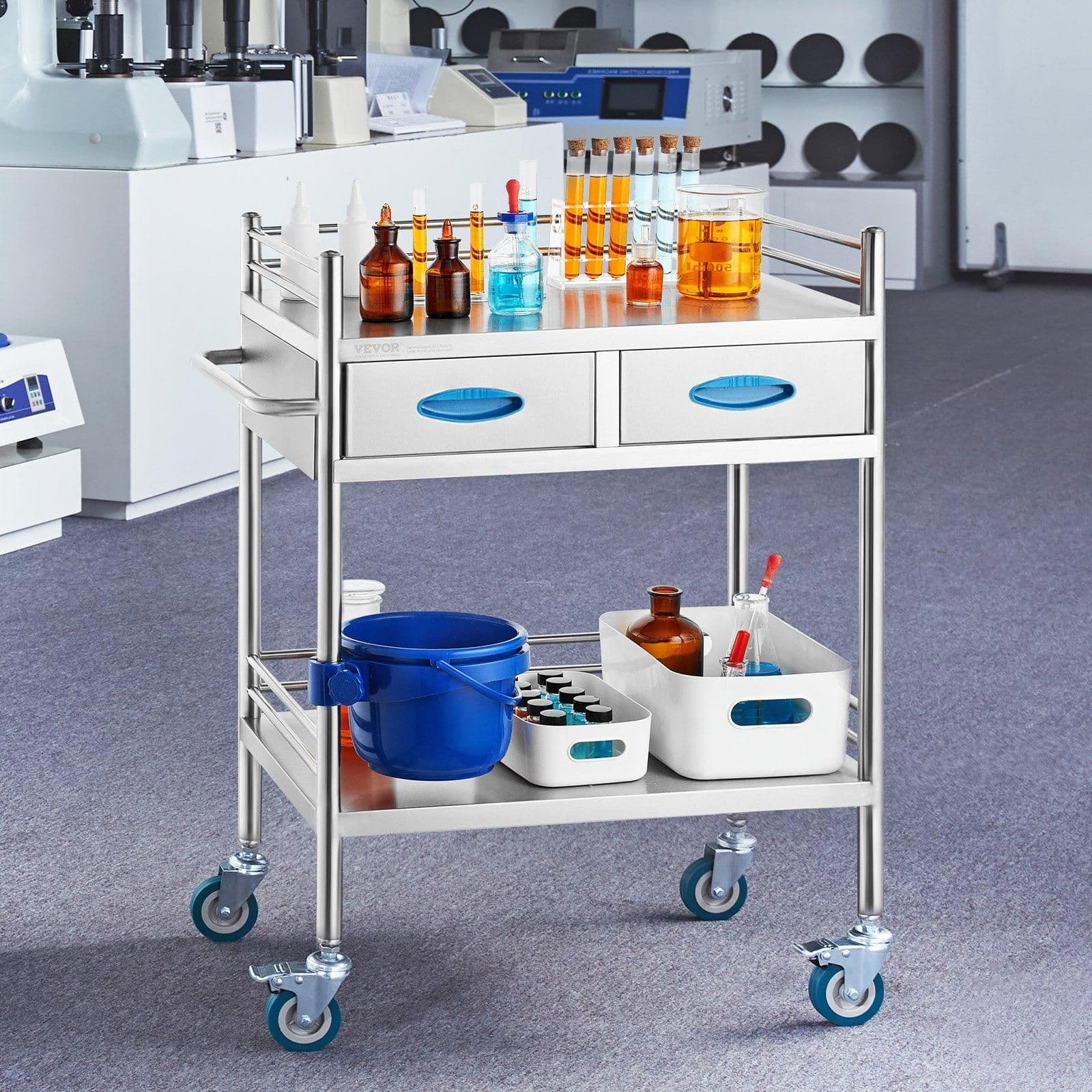 image-VEVOR Lab Serving Cart, 2 Layers Stainless Steel Utility Rolling Cart, Medical Cart with Two Drawers, Dental Utility Cart with Lockable Wheels and A Bucket, for Laboratory, Hospital, Dental Use