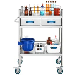 image-VEVOR Lab Serving Cart, 2 Layers Stainless Steel Utility Rolling Cart, Medical Cart with Two Drawers, Dental Utility Cart with Lockable Wheels and A Bucket, for Laboratory, Hospital, Dental Use