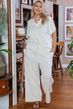 image-Beige Plus Size Textured Collared Top and Pants Set