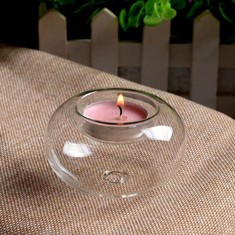 image-Flat Ball Glass Candle Holder For Romantic Dinner Transparent Modern Design