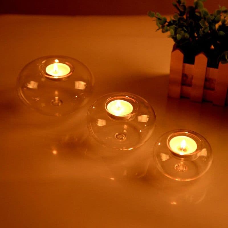 image-Flat Ball Glass Candle Holder For Romantic Dinner Transparent Modern Design