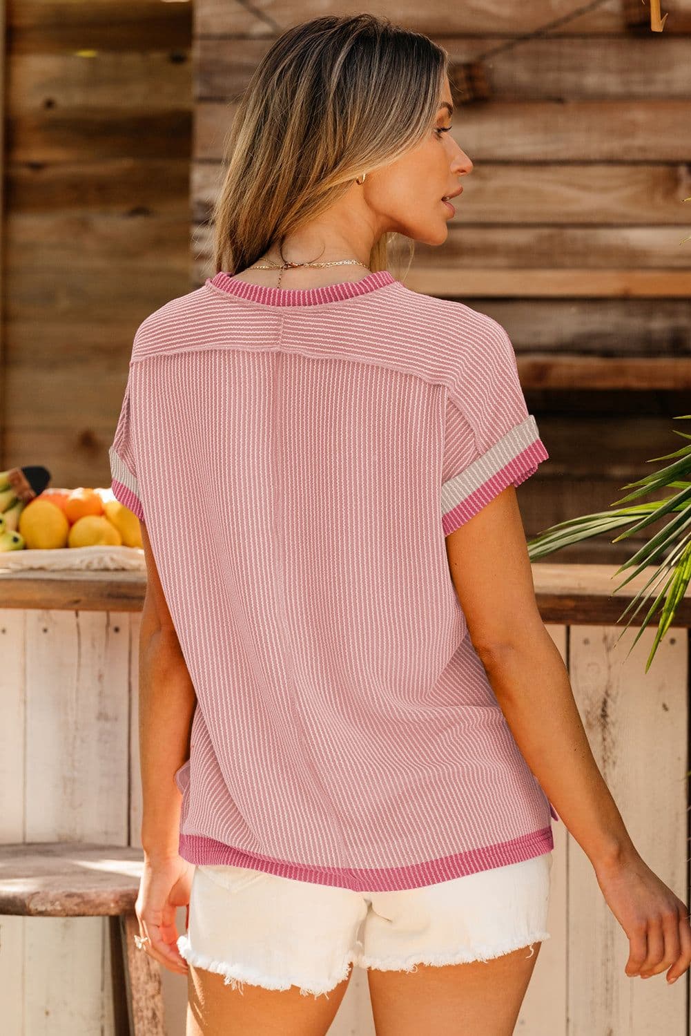 image-Bright Pink Textured T Shirt - Contrast Trim