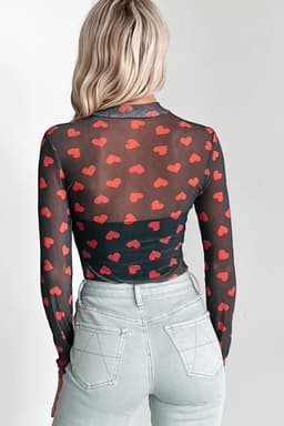 image-Black Valentines Heart Printed Sheer Mesh Long Sleeve Top