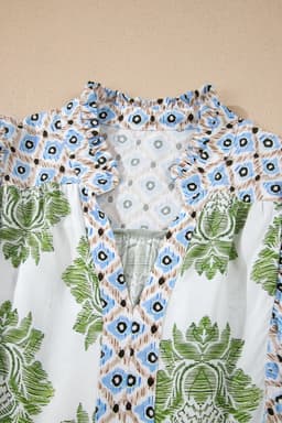 image-Green Floral Print Contrast Patchwork Ruffle Detail Mini Dress