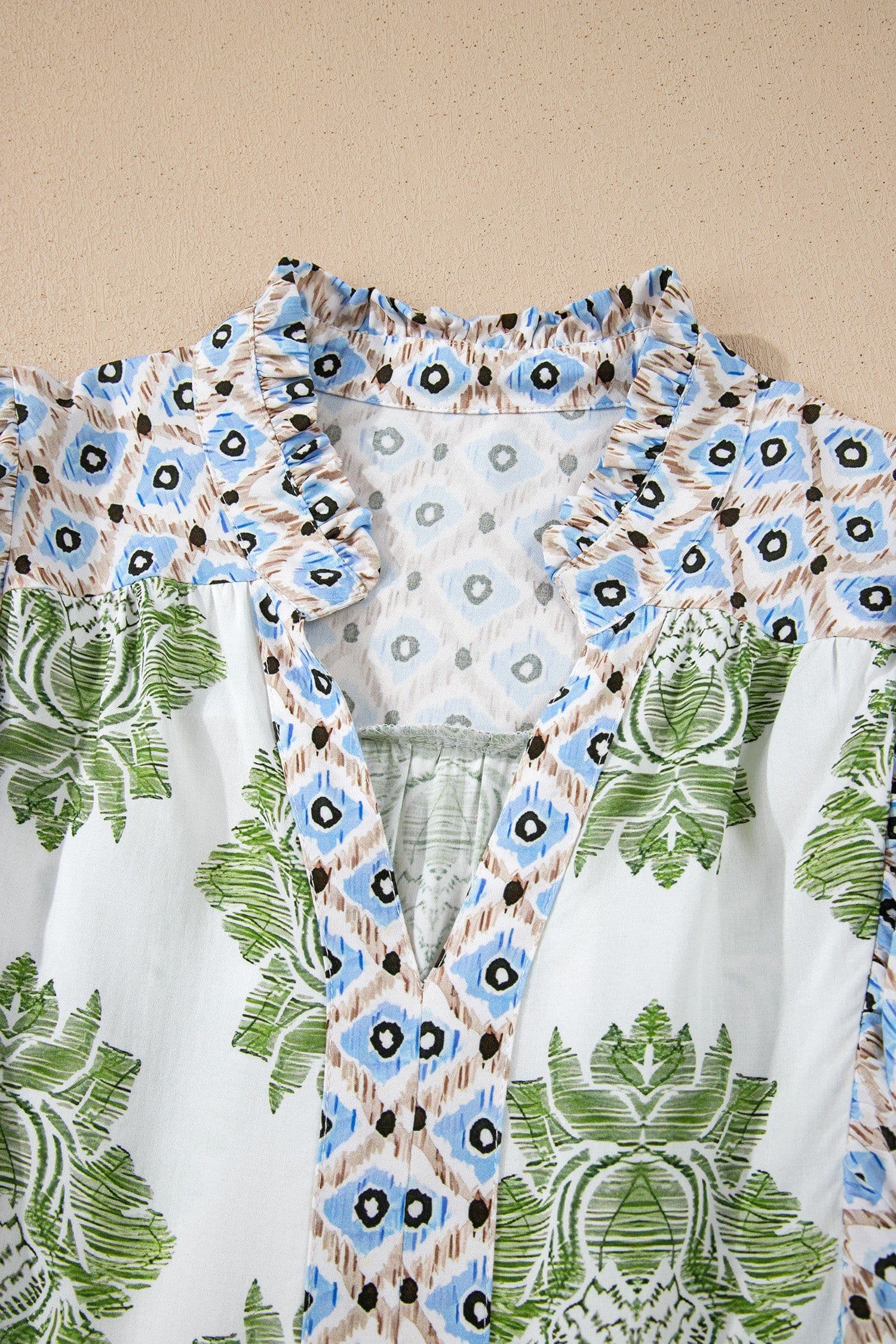 image-Green Floral Print Contrast Patchwork Ruffle Detail Mini Dress