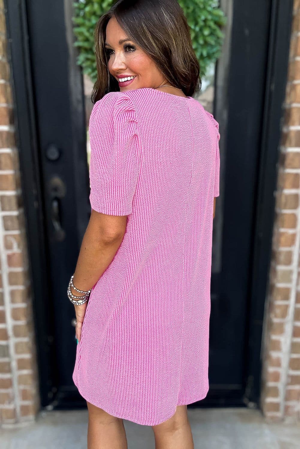 image-Bright Pink Corded Knit Puff Sleeve Mini Dress