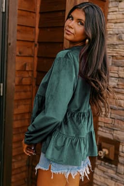 image-Corduroy Ruffle Tiered Button O Neck Shirt - Skobeloff