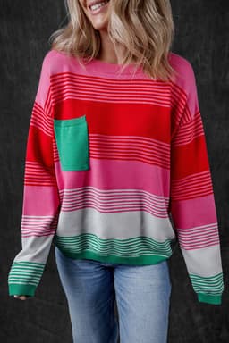 image-Striped Knit Patch Pocket Sweater - Drop Shoulder Design, Comfortable & Trendy
