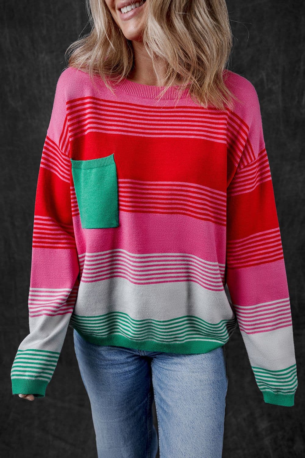 image-Striped Knit Patch Pocket Sweater - Drop Shoulder Design, Comfortable & Trendy