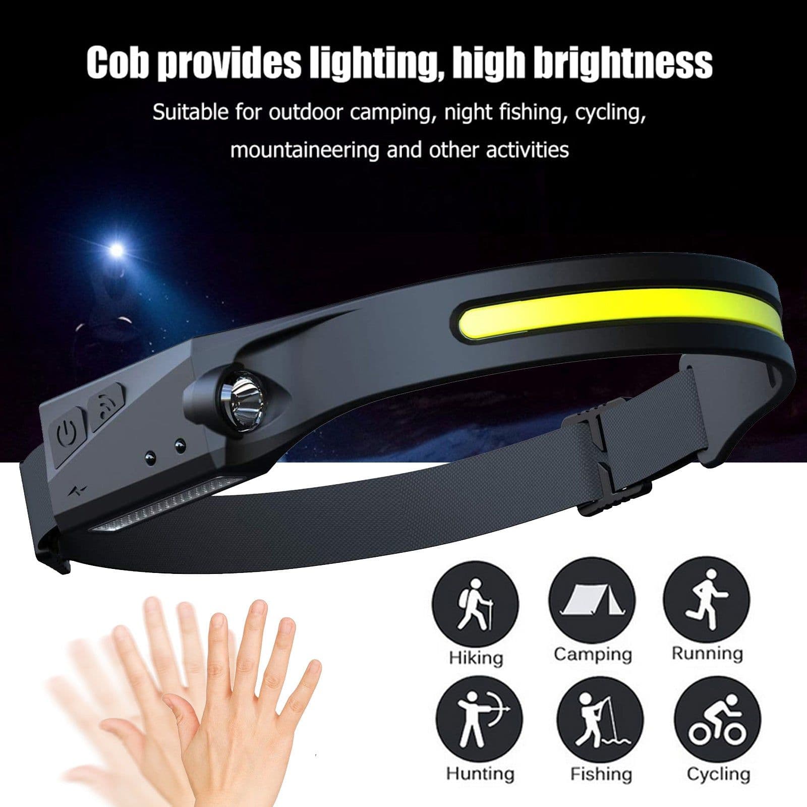image-COB LED Induction Riding Headlamp Flashlight USB Rechargeable Waterproof Camping Headlight With All Perspectives Hunting Light