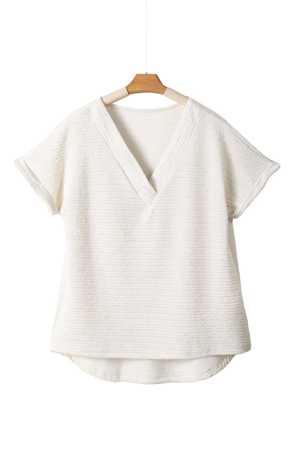 image-Khaki Textured Wide Sleeve V Neck T Shirt