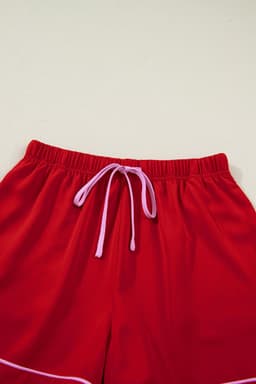 image-Fiery Red Contrast Trim Ribbon Bow Short Silky 2pcs Pajama Set