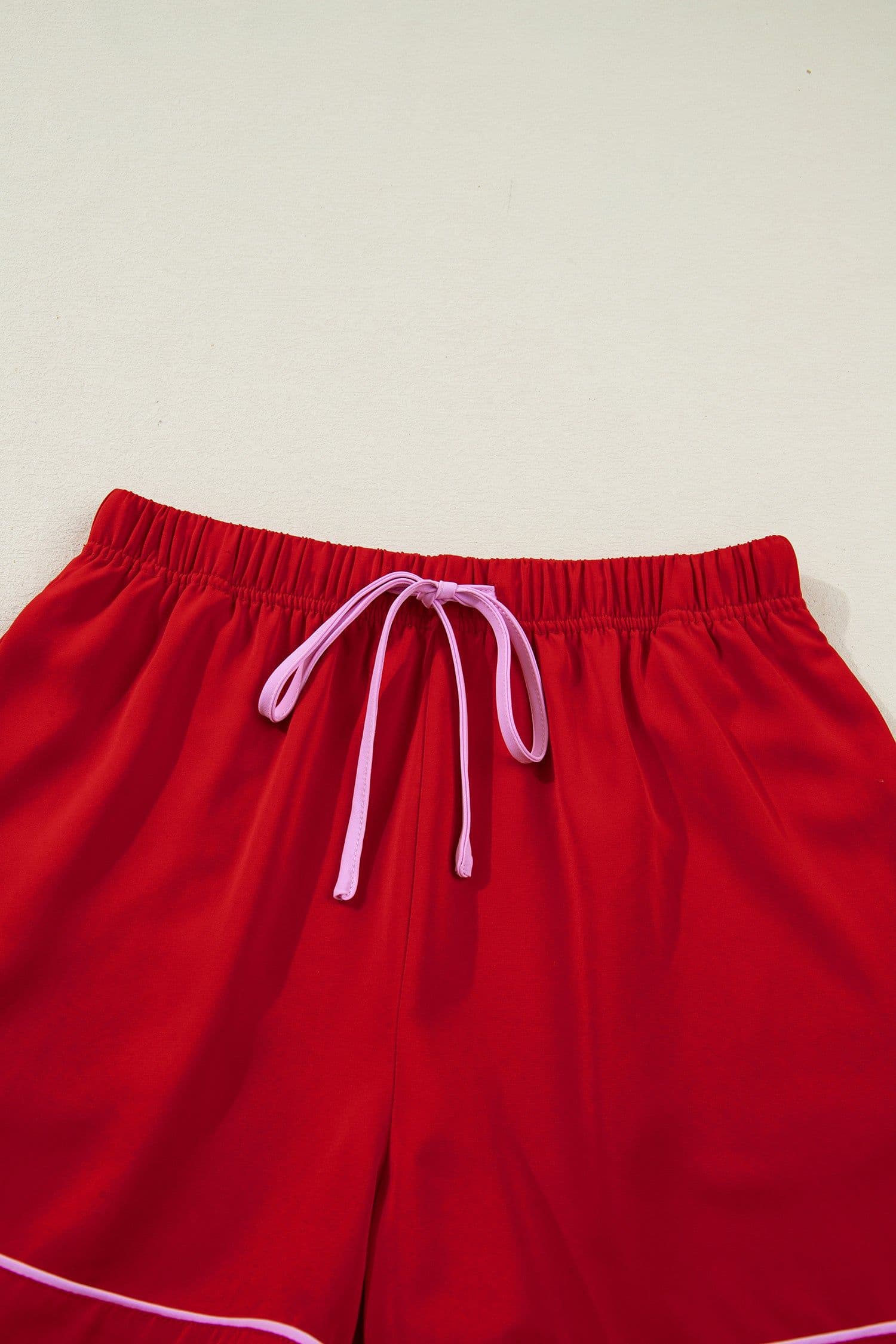 image-Fiery Red Contrast Trim Ribbon Bow Short Silky 2pcs Pajama Set