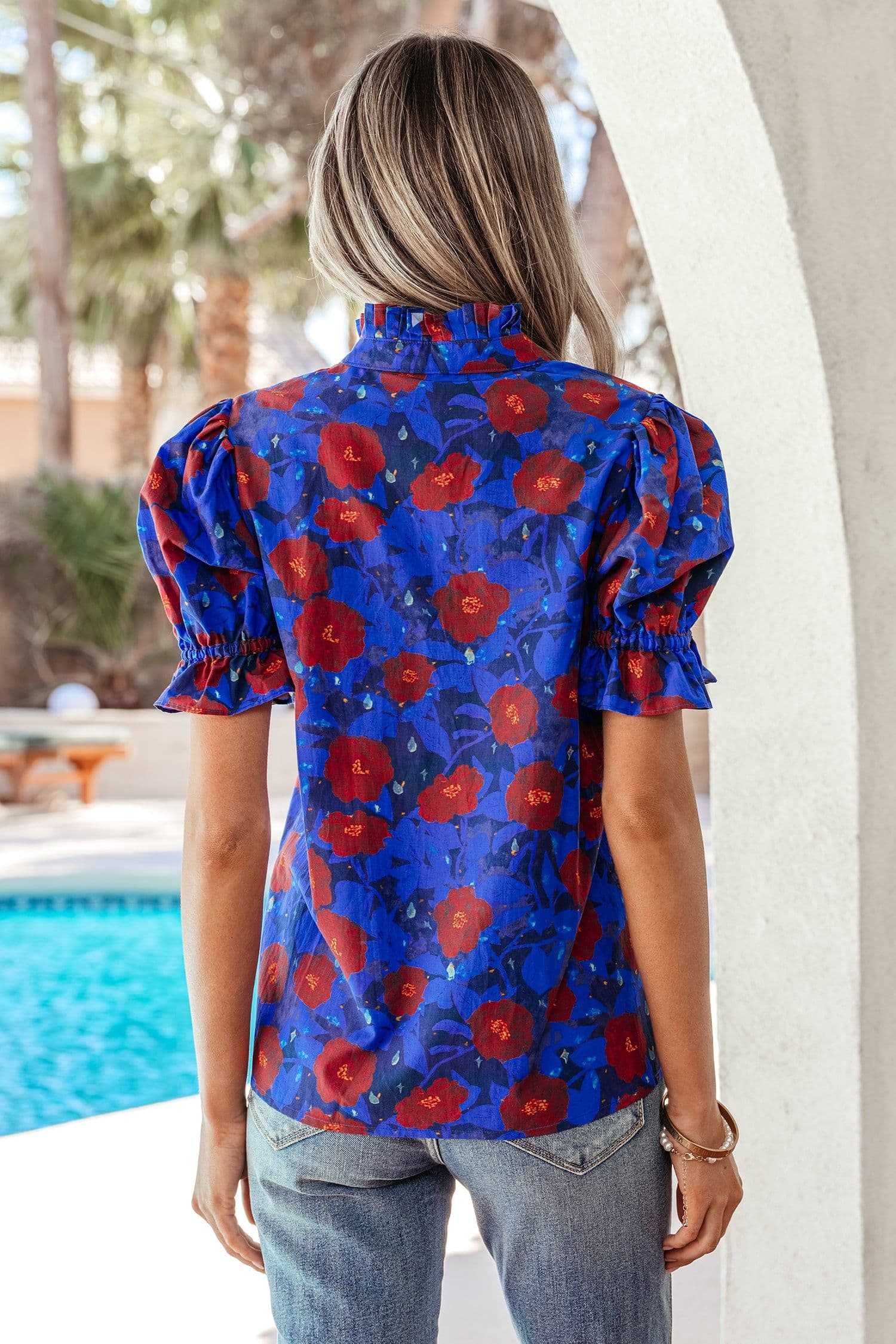 image-Floral Blouse - Blue Ruffled Short Sleeves V Neck Elegant Design