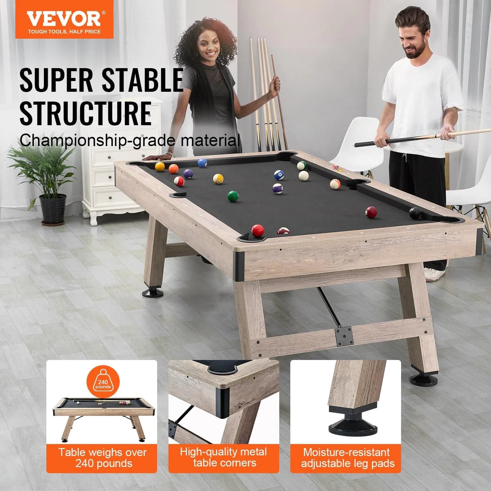 image-VEVOR Billiards Table, 7 ft Pool Table, Adjust Legs Stable Billiards Table, Pool Table Set Includes Balls, Cues, Chalks and Brush, Wood Color with Black Cloth, Perfect for Family Game Room Kids Adults