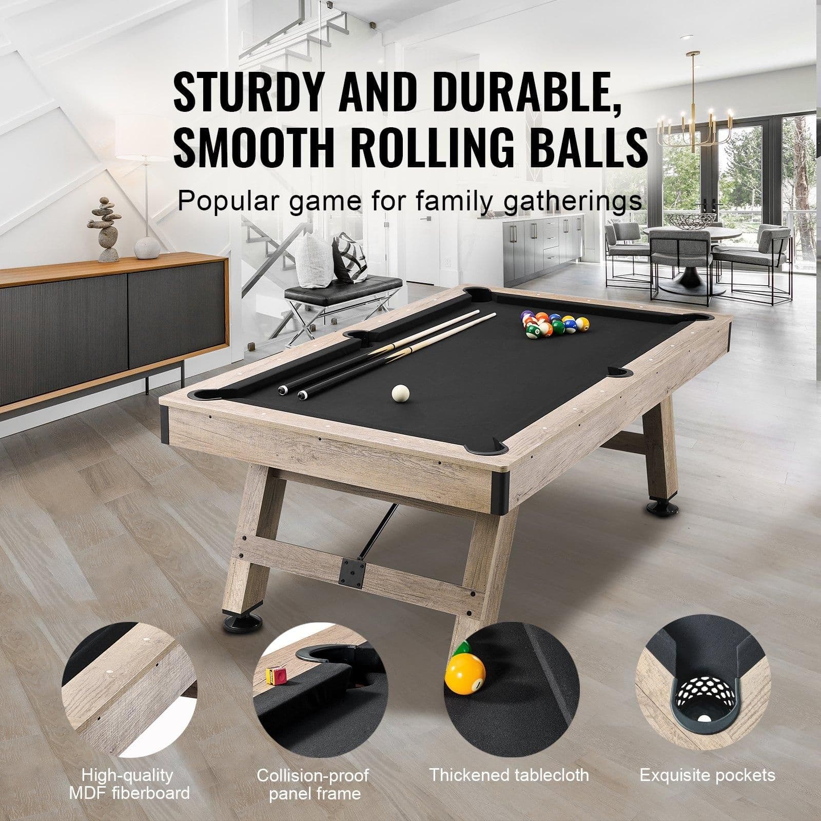 image-VEVOR Billiards Table, 7 ft Pool Table, Adjust Legs Stable Billiards Table, Pool Table Set Includes Balls, Cues, Chalks and Brush, Wood Color with Black Cloth, Perfect for Family Game Room Kids Adults
