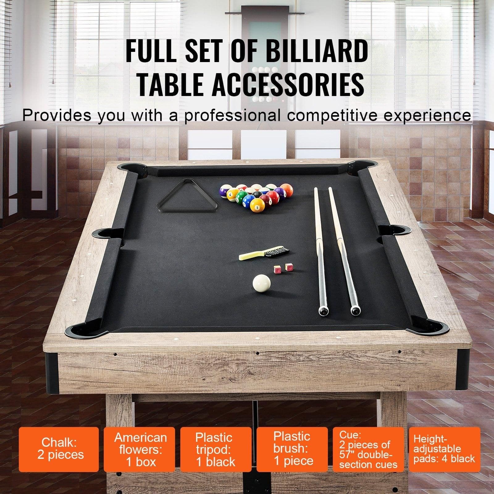 image-VEVOR Billiards Table, 7 ft Pool Table, Adjust Legs Stable Billiards Table, Pool Table Set Includes Balls, Cues, Chalks and Brush, Wood Color with Black Cloth, Perfect for Family Game Room Kids Adults