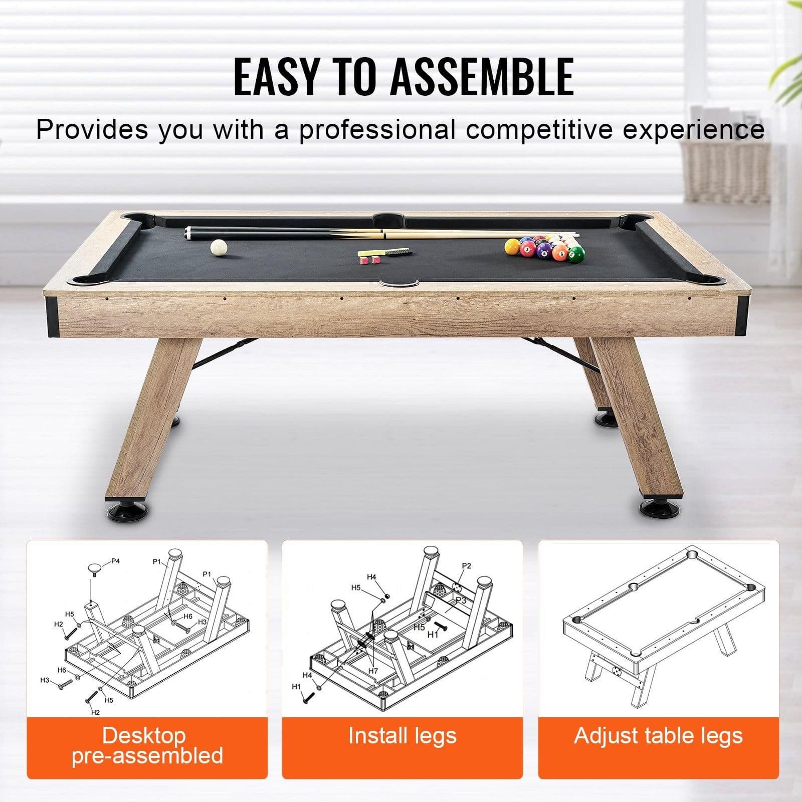 image-VEVOR Billiards Table, 7 ft Pool Table, Adjust Legs Stable Billiards Table, Pool Table Set Includes Balls, Cues, Chalks and Brush, Wood Color with Black Cloth, Perfect for Family Game Room Kids Adults