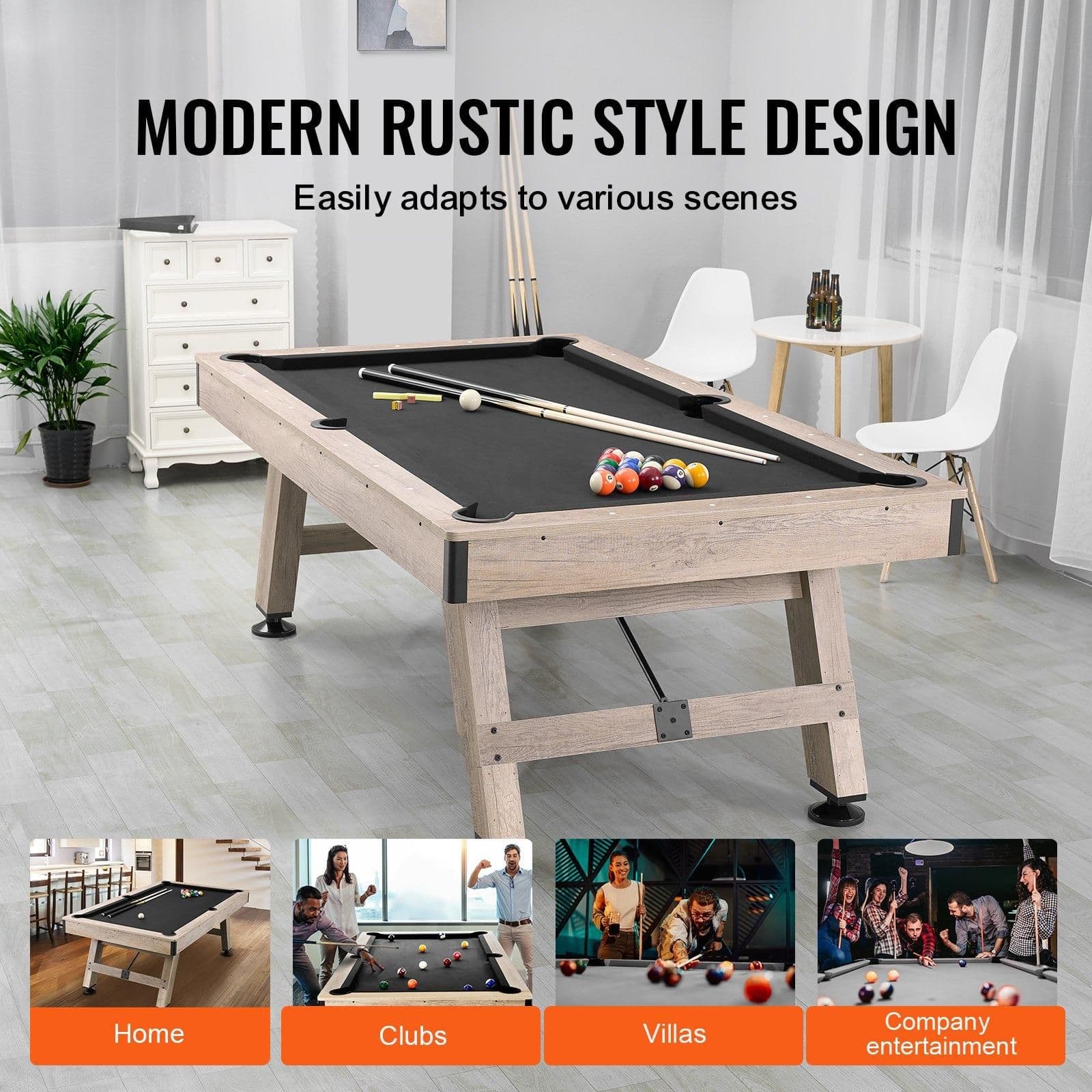 image-VEVOR Billiards Table, 7 ft Pool Table, Adjust Legs Stable Billiards Table, Pool Table Set Includes Balls, Cues, Chalks and Brush, Wood Color with Black Cloth, Perfect for Family Game Room Kids Adults
