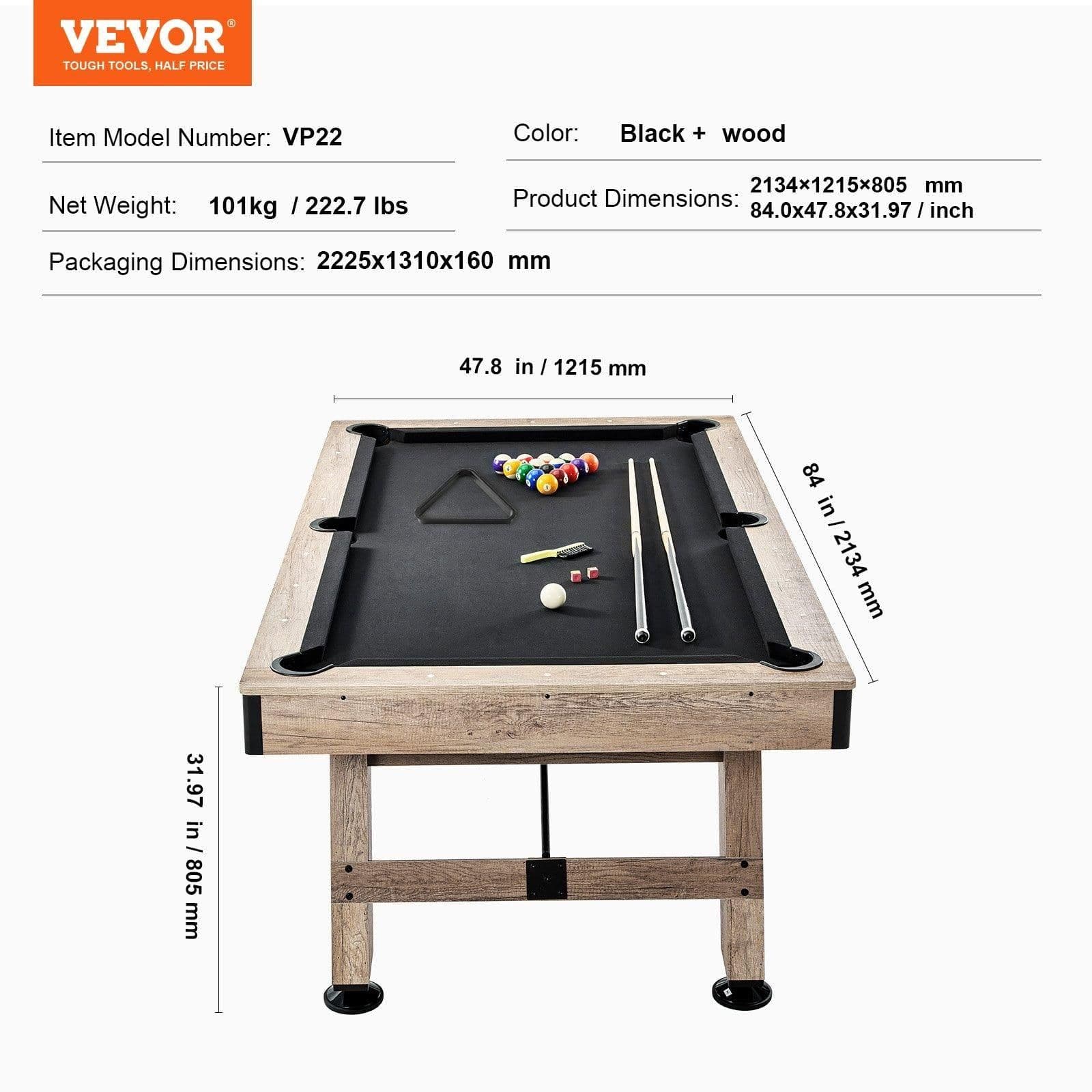 image-VEVOR Billiards Table, 7 ft Pool Table, Adjust Legs Stable Billiards Table, Pool Table Set Includes Balls, Cues, Chalks and Brush, Wood Color with Black Cloth, Perfect for Family Game Room Kids Adults
