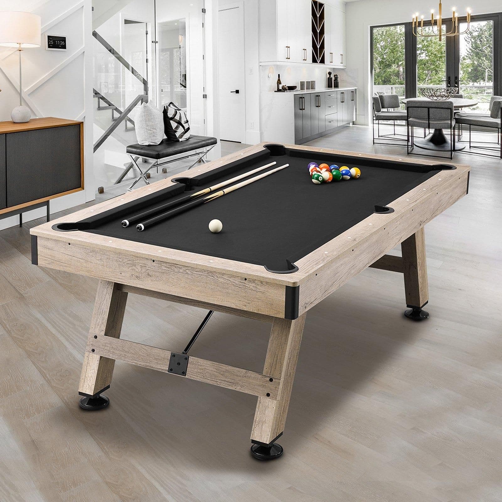 image-VEVOR Billiards Table, 7 ft Pool Table, Adjust Legs Stable Billiards Table, Pool Table Set Includes Balls, Cues, Chalks and Brush, Wood Color with Black Cloth, Perfect for Family Game Room Kids Adults