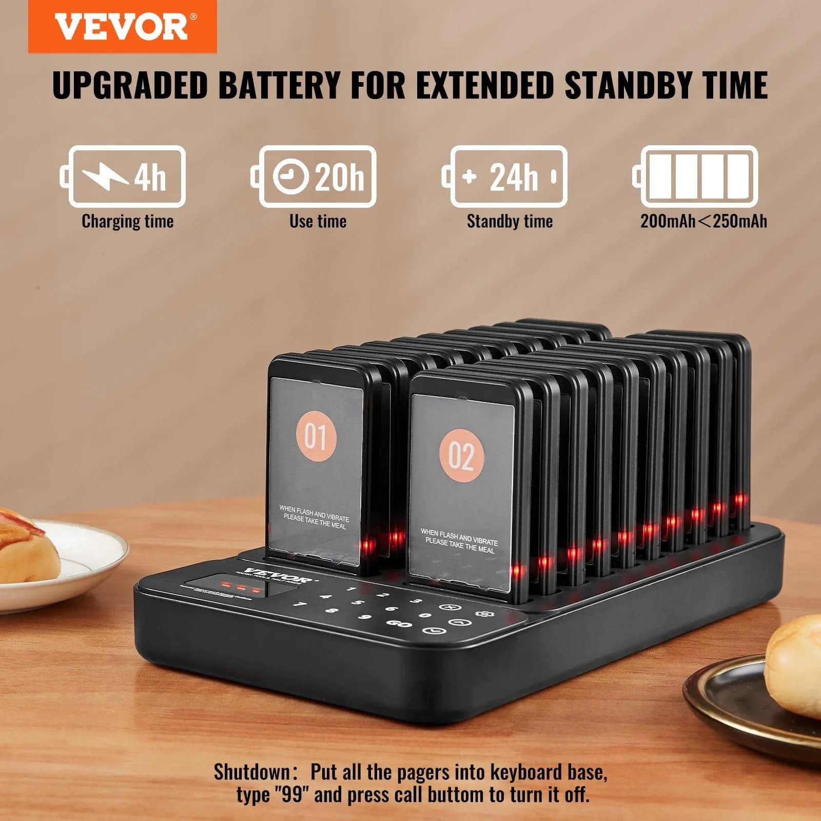 image-VEVOR Restaurant Pager System, Wireless 400m Long Range Lineup Waiting Queue Signal, Guest Customer Calling Beepers with Vibration & Flashing, 20 Buzzers for Food Truck, Church, Nursery, Hospital