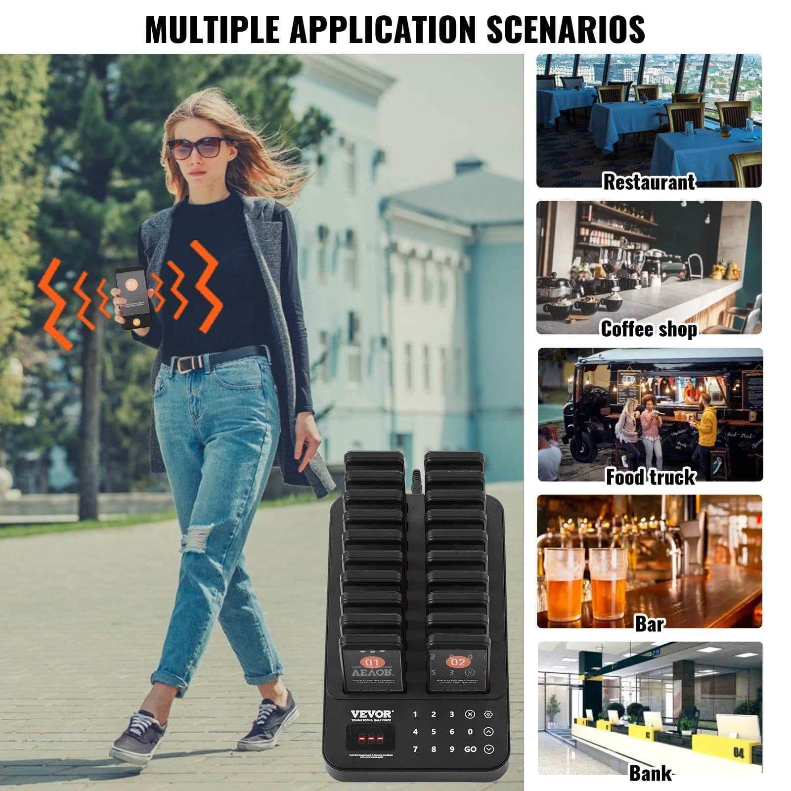image-VEVOR Restaurant Pager System, Wireless 400m Long Range Lineup Waiting Queue Signal, Guest Customer Calling Beepers with Vibration & Flashing, 20 Buzzers for Food Truck, Church, Nursery, Hospital