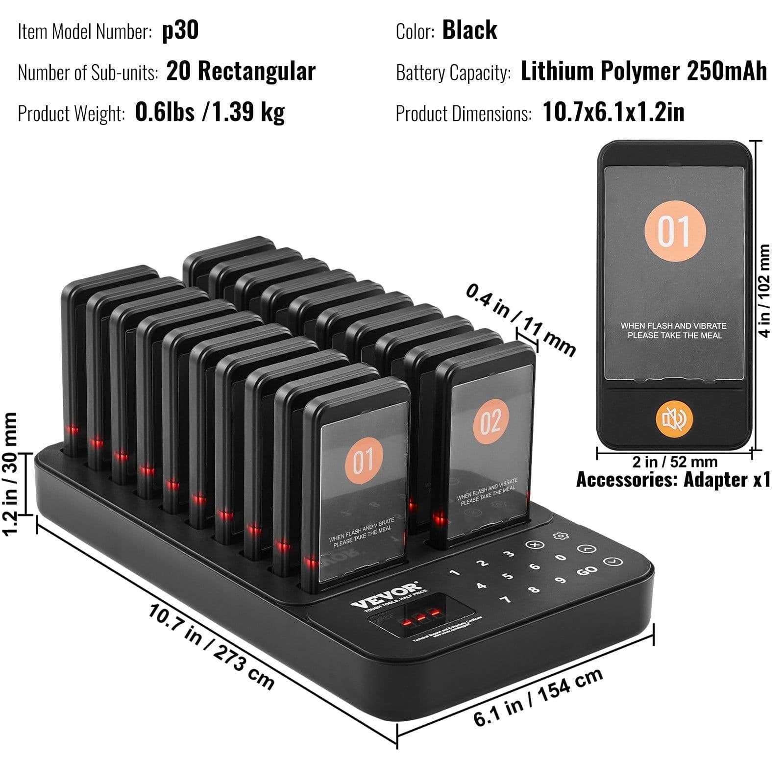 image-VEVOR Restaurant Pager System, Wireless 400m Long Range Lineup Waiting Queue Signal, Guest Customer Calling Beepers with Vibration & Flashing, 20 Buzzers for Food Truck, Church, Nursery, Hospital