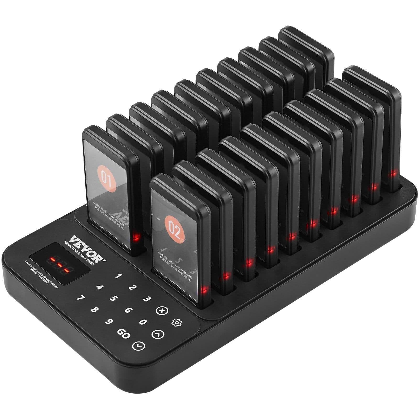 image-VEVOR Restaurant Pager System, Wireless 400m Long Range Lineup Waiting Queue Signal, Guest Customer Calling Beepers with Vibration & Flashing, 20 Buzzers for Food Truck, Church, Nursery, Hospital