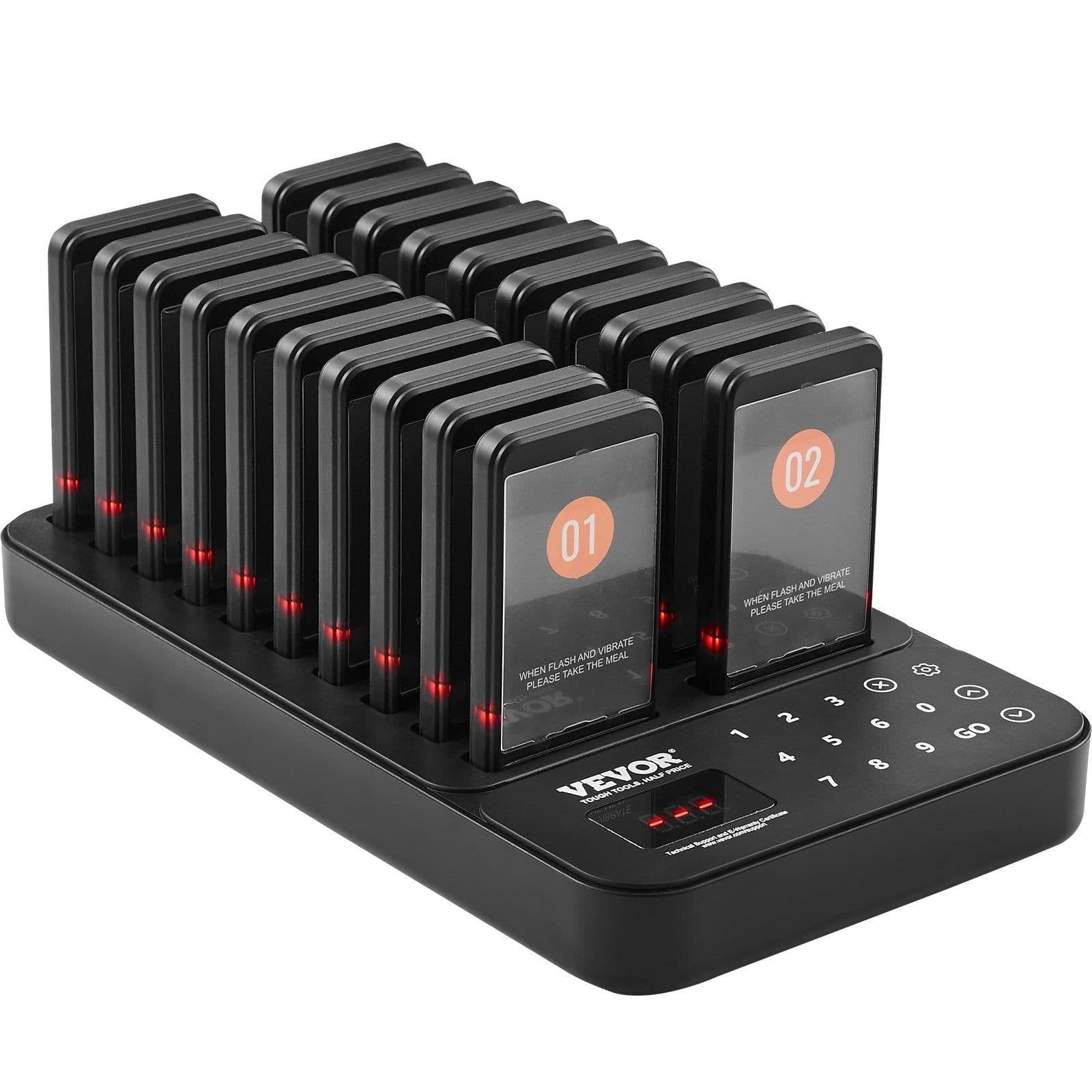 image-VEVOR Restaurant Pager System, Wireless 400m Long Range Lineup Waiting Queue Signal, Guest Customer Calling Beepers with Vibration & Flashing, 20 Buzzers for Food Truck, Church, Nursery, Hospital