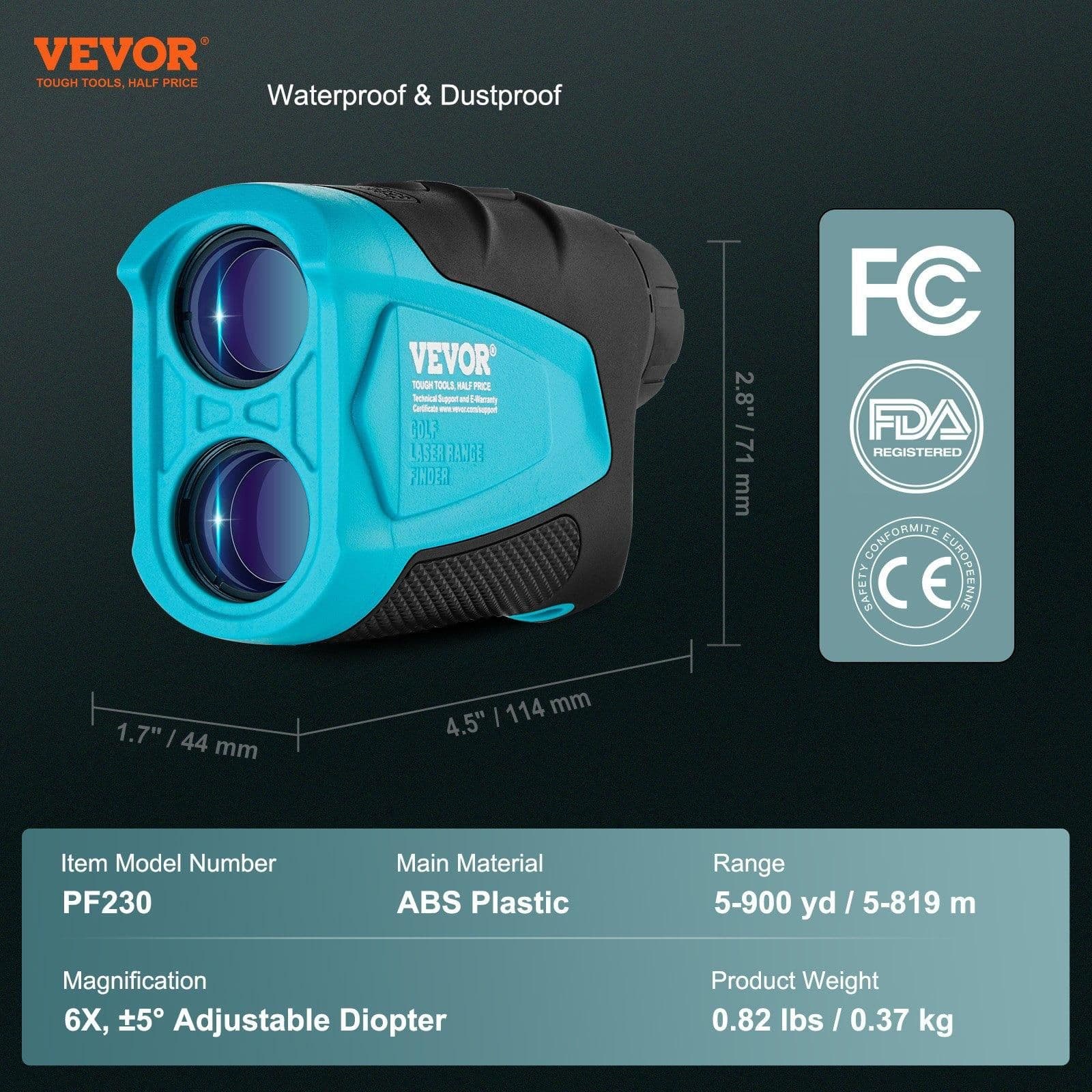 image-VEVOR Golf Rangefinder, 900 Yards Laser Golfing Hunting Range Finder, 6X Magnification Distance Measuring, Golfing Accessory with External Magnet Mount, High-Precision Flag Lock, Slope, and Batteries