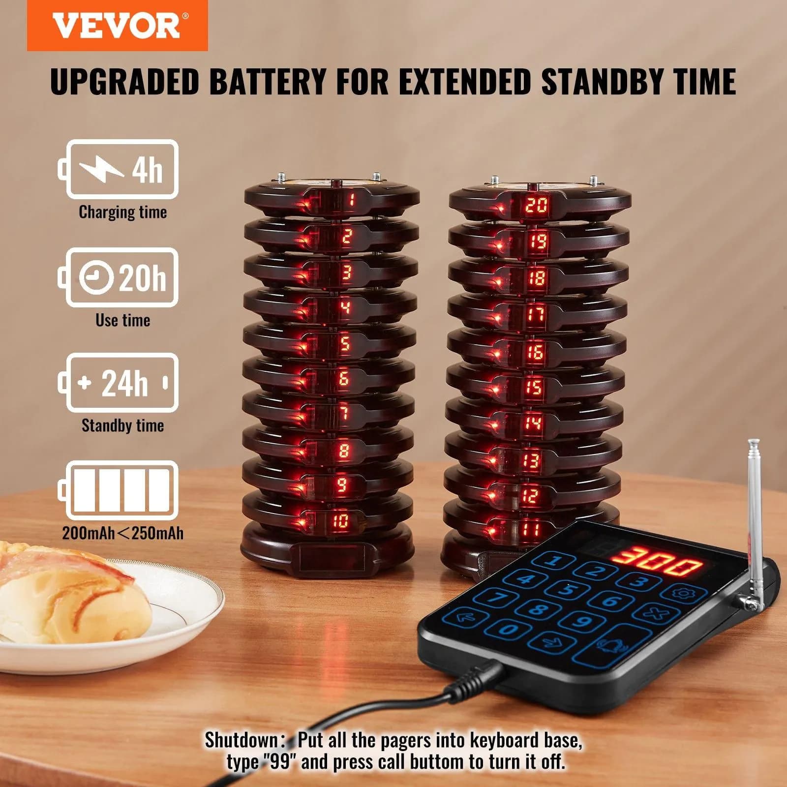 image-VEVOR Restaurant Pager System, Wireless 500m Long Range Lineup Waiting Queue Signal, Guest Customer Calling Beepers with Vibration & Flashing, 20 Buzzers for Food Truck, Church, Nursery, Hospital