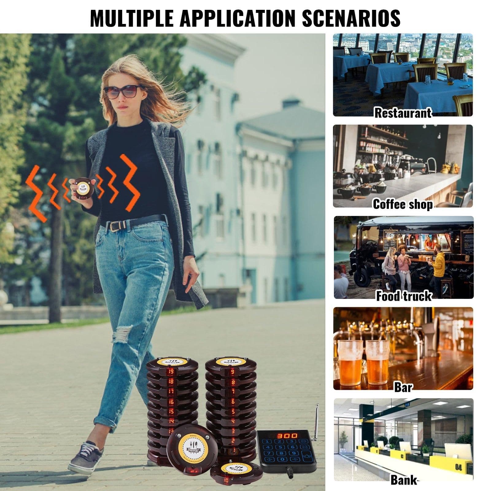 image-VEVOR Restaurant Pager System, Wireless 500m Long Range Lineup Waiting Queue Signal, Guest Customer Calling Beepers with Vibration & Flashing, 20 Buzzers for Food Truck, Church, Nursery, Hospital